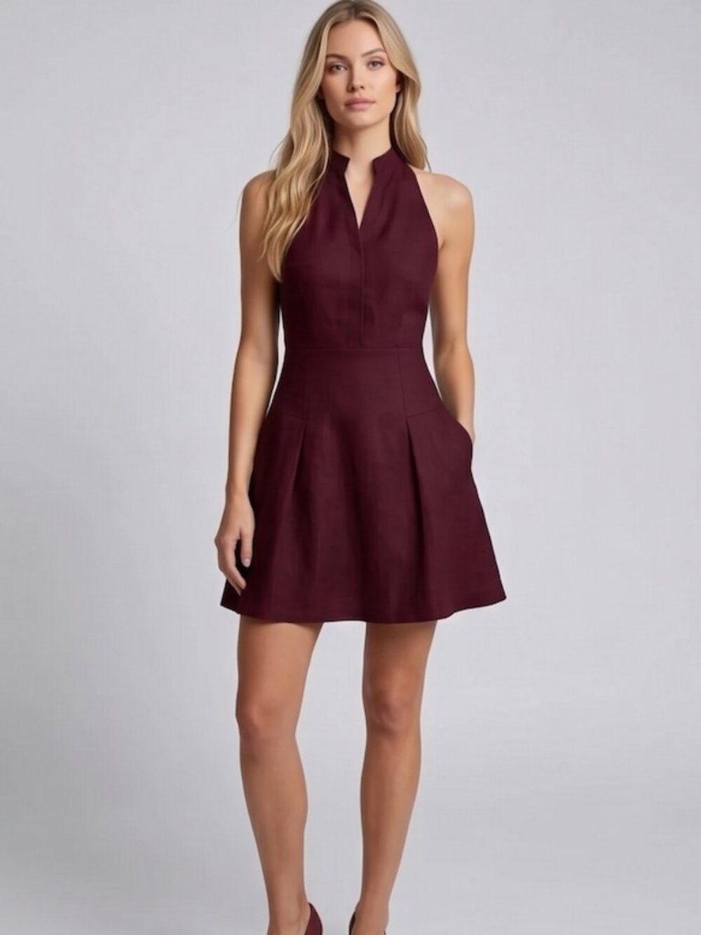 Notch-Neck Pleated Mini Dress in Burgundy